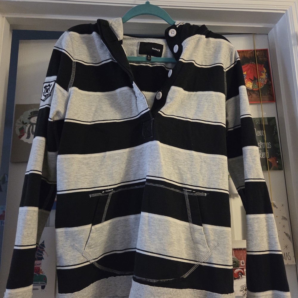 Hurley Black and Gray Striped Long Sleeve Top